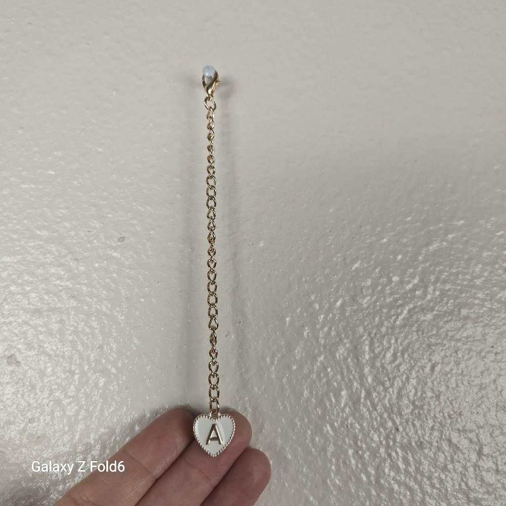 Gold-Tone Heart Charm Chain Extender – White Enamel Heart with‎ Letter "A"